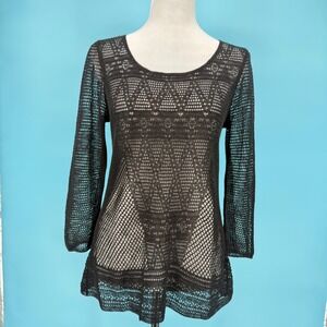 NIC+ZOE Black Crochet Linen Blend Open Knit 3/4 Sleeve Top XS Resort Wear